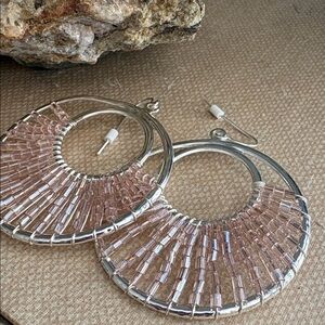 Avon Translucent Soft Blush Bugle Beaded Silverstone Double Hoop Earrings E15